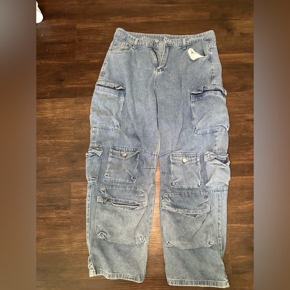 Pants - Women's Relaxed Fit Cargo Jean Pants in Blue Comfy Oversized #E12
